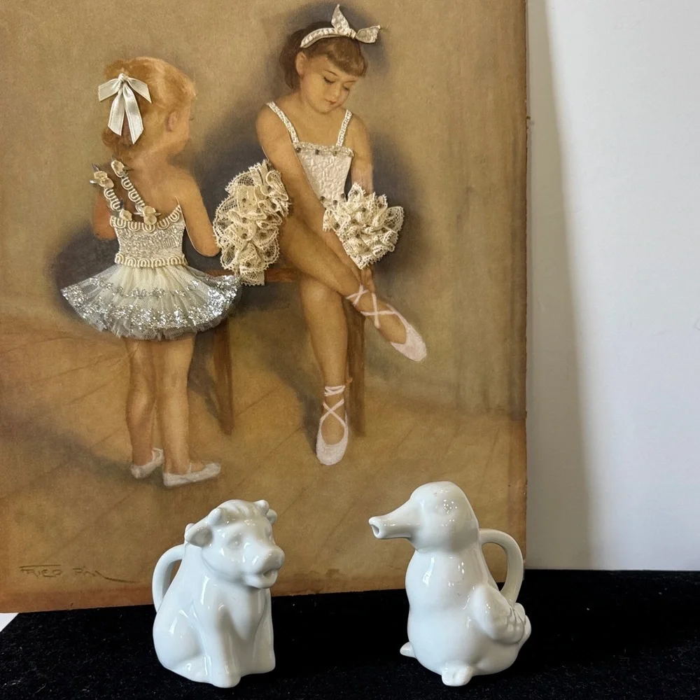 Set of small White Ceramic Animal Figurines creamer Duck and Cow